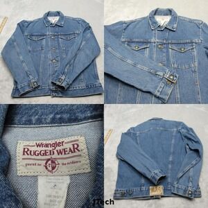 Vintage Wrangler Rugged Wear Denim Jacket Men Medium Blue Cotton Trucker USA 90s